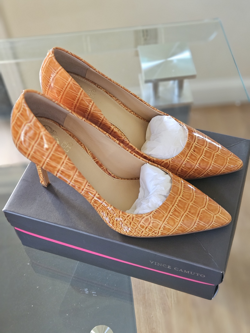 Vince Camuto Croc-Embossed Pointed Toe Pumps in Carmel